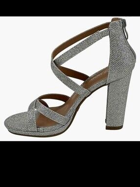 TOP Moda Silver Glitter Crisscross Block Heel Sandal Claire-50 New In Box 8.5